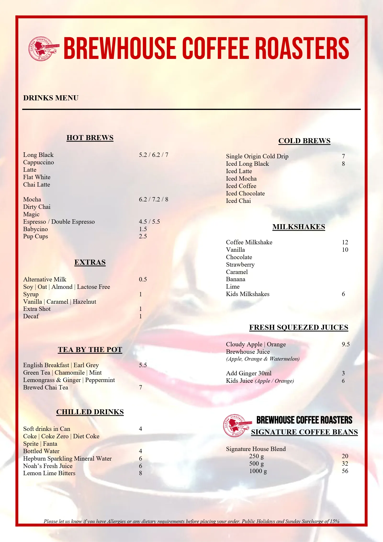 BrewHouse Coffee Roasters drinks menu, hot and cold brews, milkshakes, tea, juices and signature coffee beans