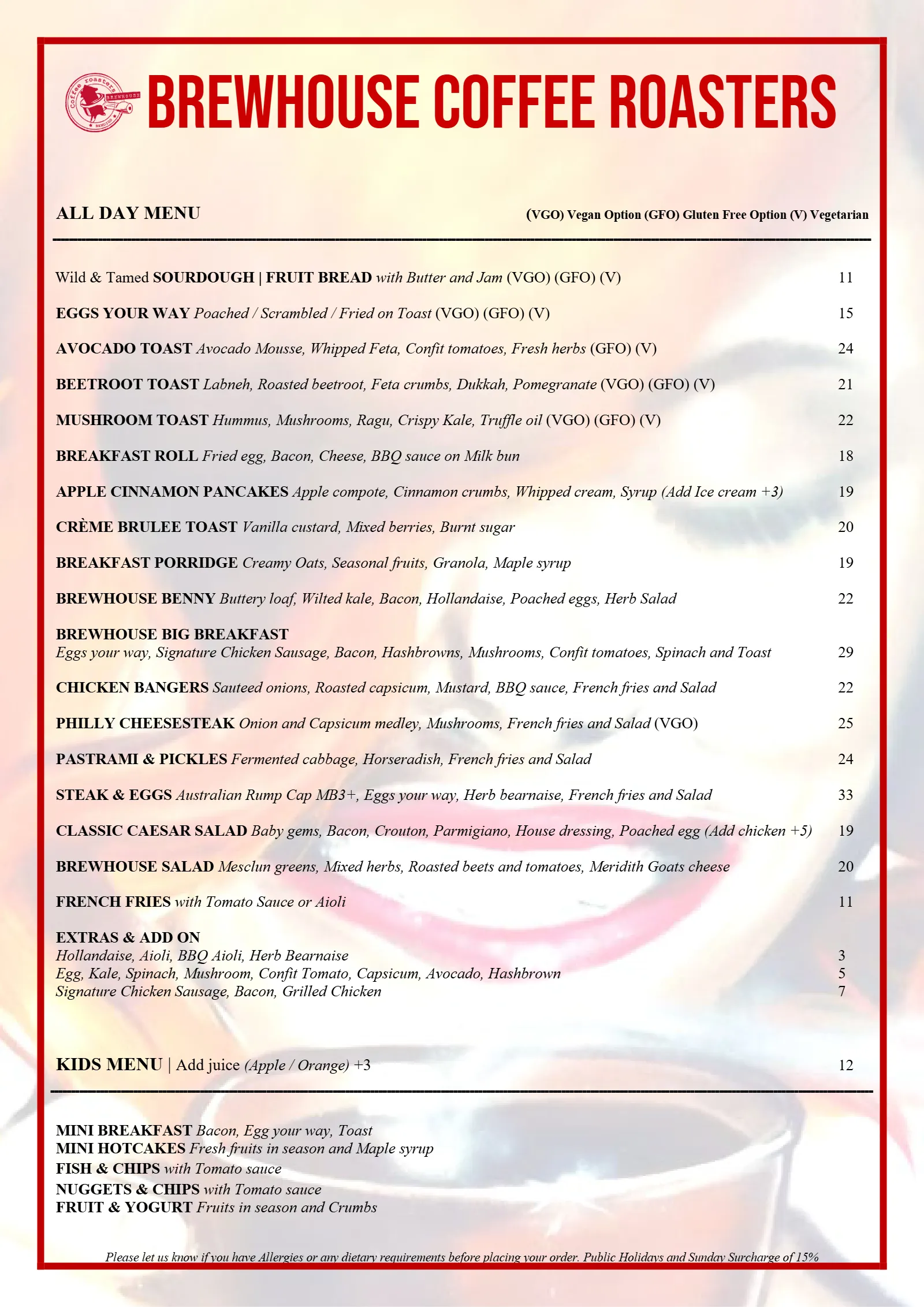 BrewHouse Coffee Roasters all day menu and kids menu